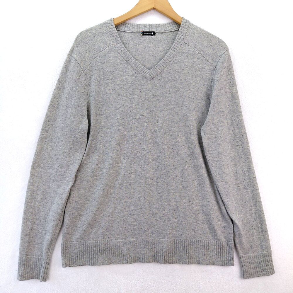 Smartwool Sparwood Sweater Men Large Gray V Neck Merino Wool Silk Blend Pullover